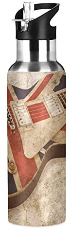 Mnsruu Grunge Guitar Union Jack Water Bottle Insulated Stainless Steel Travel Mug with Straw 20 Oz Christmas Birthday Gifts for Boys Girl