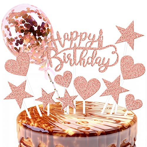 12 Stück Tortendeko Roségold Tortendeko, Rose Gold Kuchen Deko, Tortendeko 18 Geburtstag Mädchen, Cake Topper Deko Torte, Glitter Happy Birthday Sternen Konfetti Luftballons
