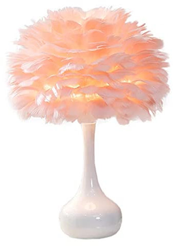 Elegante weiße Feder Tischlampe Nachttischlampe Tischleuchte Schreibtisch Feder Lampenschirm Tischbeleuchtung für Schlafzimmer, Heimtextilien, Wohnzimmer, Rosa