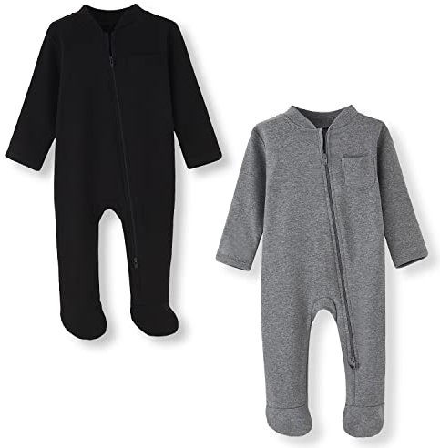 BINIDUCKLING Baby-Jungen Mädchen Schlafanzug - 2-Wege-Reißverschluss, Baumwolle, mit Füßen, 2er-Pack - Baby Schlafstrampler für Neugborene 0-3 Monate, Schwarz&Grau