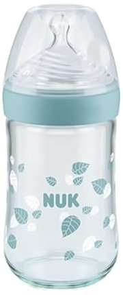 NUK Nature Sense Glass Bottle with Silicone Medium Feed Hole Teat (0-6 Months) Green 240ml