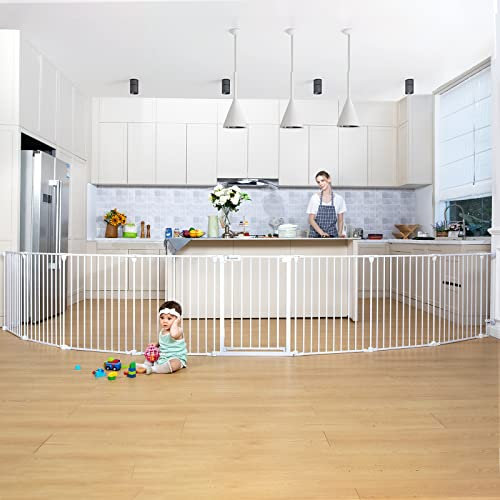 COMOMY 503cm Baby Gate Extra Wide Tall Stair Safety Gates for Pets & Kids, 8 Panels Foldable Baby Fence Metal Dog Barrier, Hardware Mount, 76cm Height - White