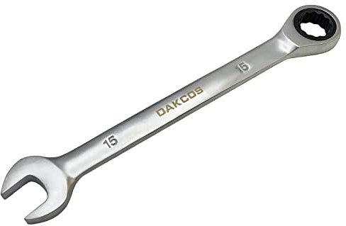 DAKCOS Llave combinada de carraca 15mm Llave fija con trinquete en Cr-V con acabado cromado mate