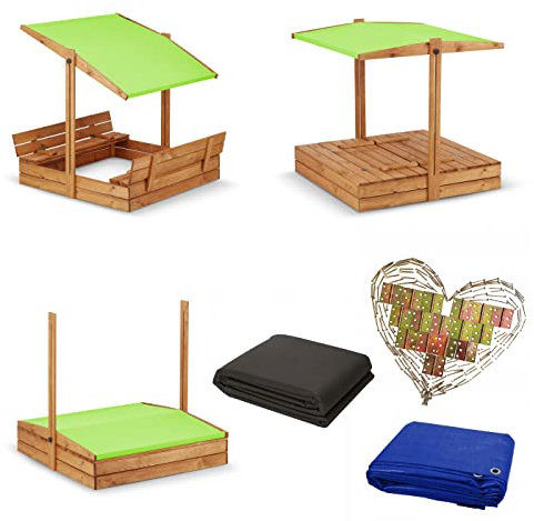 Premium Imprägniert Sandkasten 120x120 mit Dach mit Sonnenschutz mit UV-Schutz Sandbox mit Abdeckung mit Sitzbänken mit Deckel mit Plane Sandkiste Sandkastenvlies Holz