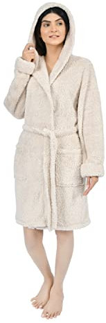 Sleepdown Womens Ladies Teddy Fleece Bath Robe Hooded Fluffy Super Soft Dressing Gown Loungewear Nightwear - Natural - 16-18