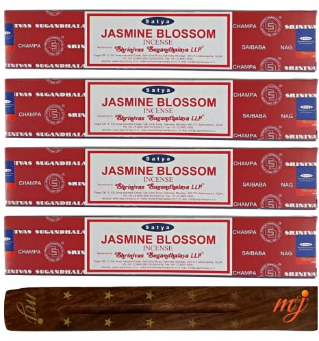 Original Satya Nag Champa Jasmine Blossom Incense Sticks | with M&J incense sticks holder | x4 pack | for Aromatherapy, Spa, Yoga, Weddings, Meditation, Healing, Positivity and Relaxation