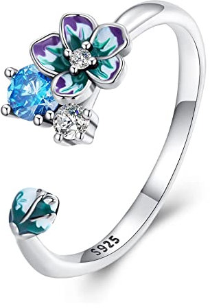 Qings Shining Flower Open Ring 925 Sterling Silver Blooming Purple Flowers Shiny Bud Adjustable Ring for Women Girls