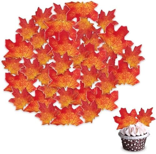Morofme 50pcs essbare Herbstblätter Cupcake Toppers Ahornblätter Kuchen Toppers essbare Gold Blatt Cupcake Topper Wafer Papier Herbst Blatt Kuchen Dekorationen für Herbst Thanksgiving Party
