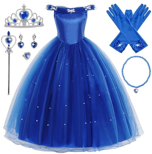 Eleasica Robe de Soirée Fille Princesse Cendrillon Robe de Princesse Elsa Reine des Nerige Baguette Magique Couronne Déguisement pour Enfant Cocktail Mariage Anniversaire Noël Carnaval,Bleu,110