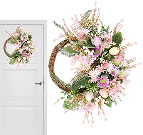 Osterkranz - 50 cm künstliche Chrysanthemen künstlicher Osterkranz - Ostereierkranz für Haustür Ostertür Kranz Frühlingskranz für Osterdekorationen