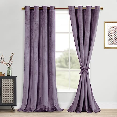 DWCN Velvet Curtains 120 Inches - Elegant Super Soft Tieable Window Curtains Panels Blackout Grommet Design Thick Fabric Window Dressing for Bedroom/Living Room, Lavender, W52 x L120, 2 Panels