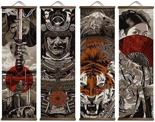 Buddhist prayer flags,Asian Silk Painted Scroll Paintings Wall Hanging Decor Poster,4 PCS Japanese Bushido Wall Art Decor,Ukiyoe Samurai Tattoo Posters and Prints,scroll Painting Artwork Wall Hanging