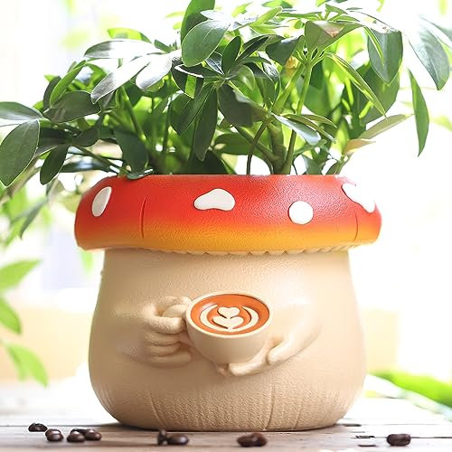 GUGUGO Bonita maceta de hongos de café, maceta colorida con drenaje para personas que beben café, macetas únicas de cuerpo pequeño para plantas de interior, divertidos regalos eclécticos de jardinería