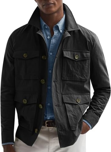 Runcati Mens Lightweight Safari Jacket Casual Button Up Jacket Windproof Work Coat with Pockets