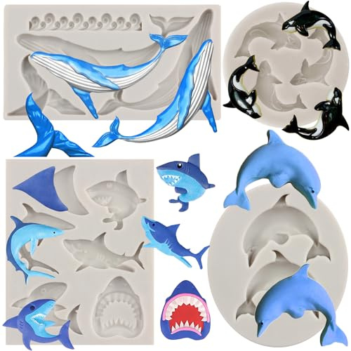 MYPRACS Lot de 4 moules à fondant en silicone motif requin baleine dauphin | Moules à chocolat en forme de queue de poisson pour décoration de gâteaux, pâte à sucre, pâte polymère