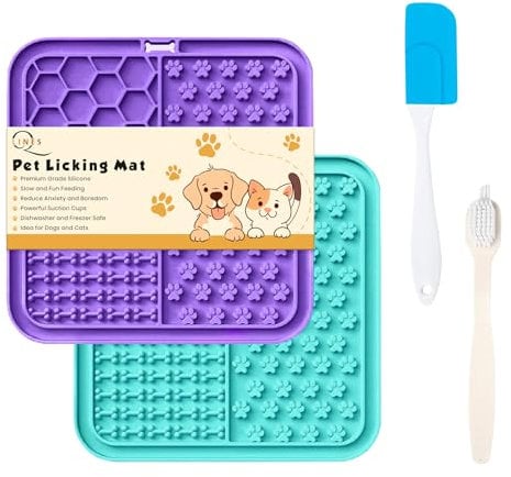 Licky Mats for Dogs Pack of 2 Licky Mats for Dogs with Strong Suction Cup - Slow Pet Feeder for Food, Peanut Butter Includes Spatula & Brush - Perfect for Grooming & Training (Light Blue/Purple)
