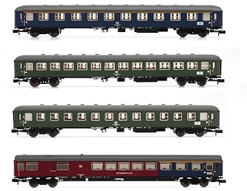 ARNOLD HN4359 DB, 4er Packwagen, 1 x Am, 2 x Bm, 1 x ARm217, blau BZW. Grüne Lackierung, Fahrzeuge der Epoche IV – Waggons