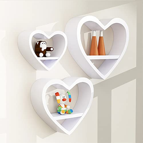 QTQHOME Niedliche schwebende Regale in Herzform, Set mit 3 Wandregalen, Holz, schwebendes Regal, Kawaii-Regale für Wanddekoration, kleines Aufbewahrungsregal, Wohnzimmer, Schlafzimmer, Badezimmer