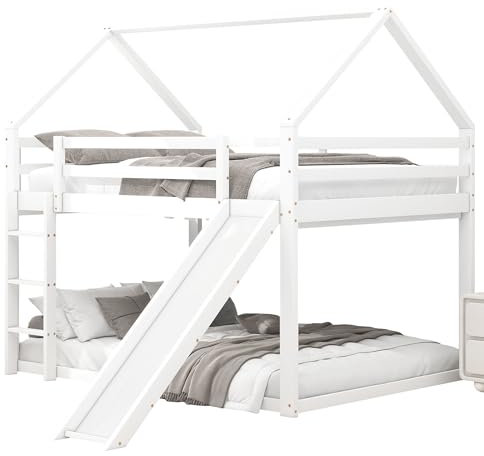 Azkoeesy Kinderhochbett, Etagenbett 140 x 200 cm, mit Rutsche, Kinderbett Hausbett mit Lattenrost, Fallschutz und Gitter, für 4 Kinder (Weiß,140 x 200)