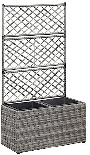 Rantry Hochbeet mit Rankgitter 2 Blumentöpfe 58 x 30 x 107 cm Polyrattan grau, Blumenkasten mit Rankgitter für den Außenbereich, Blumenkasten für Balkon, Hochbett, Rankgitter für Garten, Haus Möbel