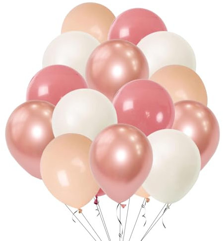 50pcs Metallic Rose Gold Pink Nude Balloons, 12 Inch Metallic Rose Gold and Pink Nude Maca Yellow Balloons for Baby Shower Birthday Wedding Party Decorations