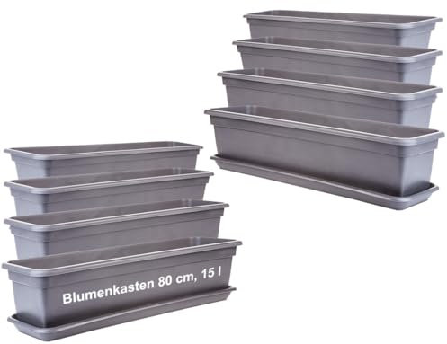 LIVINJA Anthrazit Balkon Blumenkasten Set 80cm, 8er-Pack, mit Untersetzer, Kunststoff, EU-Fertigung, Anthrazit