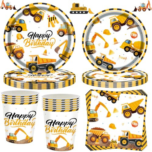 50 PCS kit de vaisselle de fête Chantier de construction,Chantier de construction anniversaire vaisselle assiettes de fête,pelleteuse assiettes en carton gobelets serviettes de table 10 invités