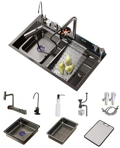 FIVIXIL Fregadero de cocina fregadero de cascada doble integrado con pantalla LED y luz ambiental con lavavasos, dispensador de jabón, escurridor de control de mesa, etc (Gris pistola, 75 * 45 * 22cm)