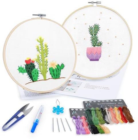 GNEGNI LIFE 2 Sets Embroidery kit for Beginners, Embroidery Starter Kit - Original Cactus, Included Embroidery Tools with Instruction and Video Tutorial
