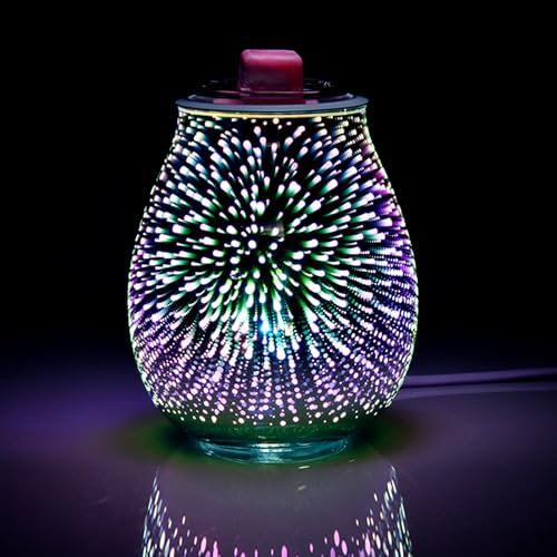 Brûleur Cire Parfumée,Brûleur Cire Parfumée pour Cire Fondue,Lampe à Parfum avec Variateur et Coupelle Amovible,3D Fireworks Glass Design,Timer Setting,Night Light Oil Lamp for Home Decoration