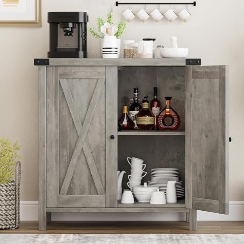 Litake Sideboard Küchenschrank, Buffetschrank Aufbewahrungsschrank Landhausstil mit 2 Türen Regalen 76 x 40 x 80 cm Eingangsschrank Verstellbare Ablagen Vintage Grau für Wohnzimmer