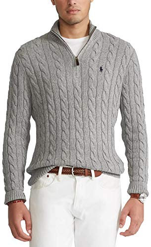 Ralph Lauren Pull en coton Cable-Knit Quarter-Zip, gris, M