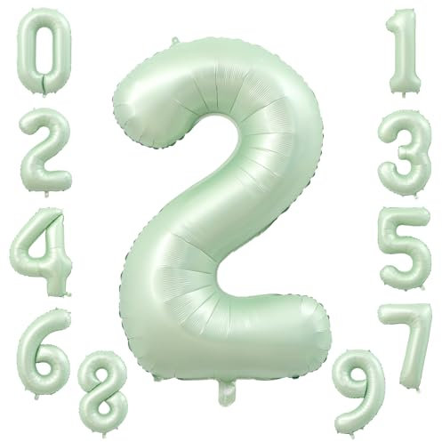KOBOKO Zahlen Luftballon 2 Grün, 40 Zoll Salbeigrün Luftballon 2. Geburtstag, Folienballon Geburtstag Zahl 2, Grün Zahlenballon 2 Jahre Geburtstagsdeko, Ballon für Deko 2. Geburtstage Junge Mädchen