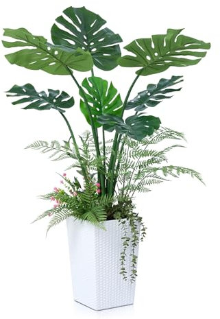 VeriNatural Monstera Artificiale Pianta Finta da Interno Alta 120cm con Vaso Bianco - Piante Finte Grandi Realistiche con Protezione UV e Mini Piante - Decorazioni Casa Balcone Ufficio,VN150