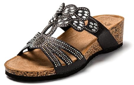 JOMIX Damen Pantoletten Strassstein Bohemian Glitzer Clogs Sandalen mit Absatz Kork Strand Schuhe (SD9159, Schwarz, 39EU)