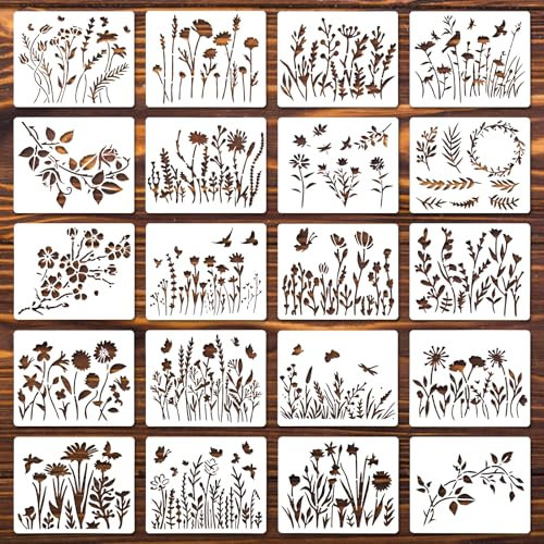 Blumenschablonen, Kunststoff-Blumenschablonen zum Malen an Wänden, Blumen-Wandpflanzen, Wildblumen-Ranken-Schablone, Malschablone für Kunst, Heimdekoration, 20 Stück