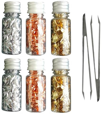 JAWUZ 6 Flasche Blattgold Essbar Für Torten, Essbares Blattgold Mit 2 Pinzette, Blattgoldflocken Folie Cupcake Cake Topper Für Decoration Kitchen Mousse Cake Decoration Diy Künstlerbedarf(3Farbe)