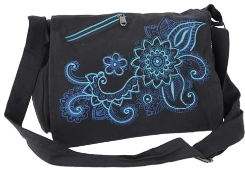 GURU SHOP Bestickte Boho Schultertasche, Hippie Tasche aus Nepal | Geräumig, aus 100% Baumwolle, verstellbarer Gurt, mehrere Fächer, Reißverschluss, handwaschbar, Unisex-Design.