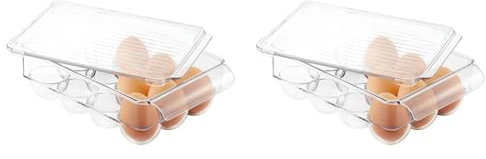 InterDesign iDesign Fridge/Freeze Binz Envase para huevos, huevera de plástico pequeña para 12 huevos, caja de huevos, transparente (Paquete de 2)