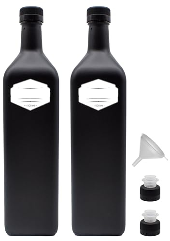 Generisch Ölflaschen 1l zum Befüllen schwarz-matt aus Glas 1000 ml mit Deckel und Kunststoffausgießer wasserfeste Etiketten Made in Germany (Variante 1)