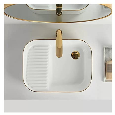 Fregadero rectangular de porcelana blanca, lavabo de cerámica sobre el mostrador, lavabo moderno con drenaje emergente, elegante lavabo para decoración de baño