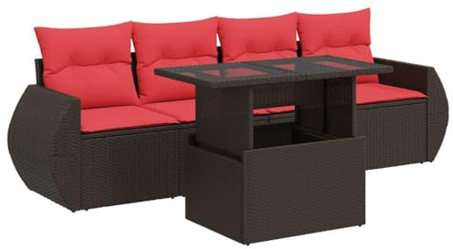 vidaXL 5 Piece Garden Sofa Set with Cushions Brown Poly Rattan Acacia, outdoor sofa set, garden lounge set