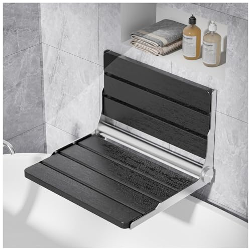 AKIMRABY Wall Mounted Folding Shower Seat, 400 lbs Shower Bench for Elderly | Space Saving Seat for Small Bathrooms, Stainless Steel Frame, Waterproof Composite Wood Bench for Limited Mobility Users