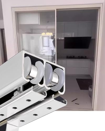 Minglez Kit Porte Coulissante Kit de Rail Argenté pour Porte Coulissante Double (122cm 137cm 152cm 170cm 183cm 244cm 396cm), Rail pour Porte Pliante en Bois, Rail a Galet(4.3ft/131cm)