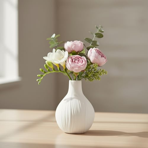 Keramik Vase Weiß, 13cm Bauernhaus-Vasen für Blumen, Minimalistische Keramikvase, Modernes Boho Blumenvase für Heimdekoration, Wohnzimmer, Schlafzimmer, Büro, Eingang, Tisch Dekoration