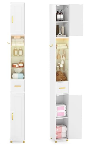 COSTWAY Tall Bathroom Cabinet, 3-Color LED Lights Slim Bathroom Storage Unit with 2 Doors, Drawer and Adjustable Shelves, High Freestanding Narrow Floor Cupboard Organizer, 20x20x180cm (White)