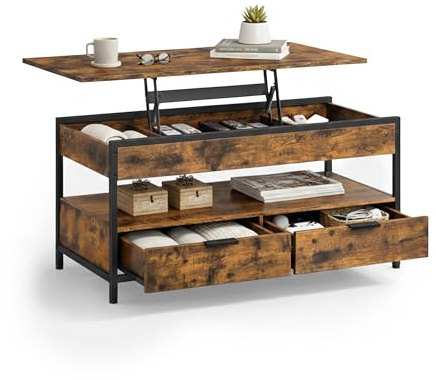 Relaxdays Couchtisch, aufklappbar, 2 Schubladen, 4 Fächer, HBT: 48–63 x 100 x 50 cm, Industrial Sofatisch, Farbwahl | HBT 48–63 x 100 x 50 cm, Industrial Sofatisch