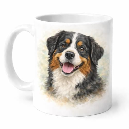 Brew Crew Gifts Bernese Mountain Dog Mug, Watercolour Portrait, White Ceramic, 11oz, Dishwasher and Microwave Safe