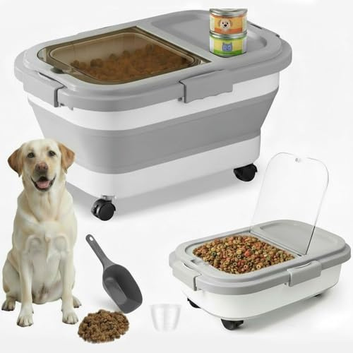 CAAGGMM Conteneur à Croquettes pour Chien Chat, Environ 6 à 8 kg Boîte de Stockage Pliable avec Cuillère et Tasse à Mesurer, Rangement Croquette Chien avec Roues, Gris