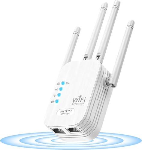 Ripetitore WiFi 1200 Mbps, 5GHz/2.4GHz Dual-Band Wireless Extender Potente, WiFi Amplificatore con 4 Antenne, Porta Gigabit Ethernet, WPS, Supporta 3 Modalità, Compatibile con Tutti i Box Internet
